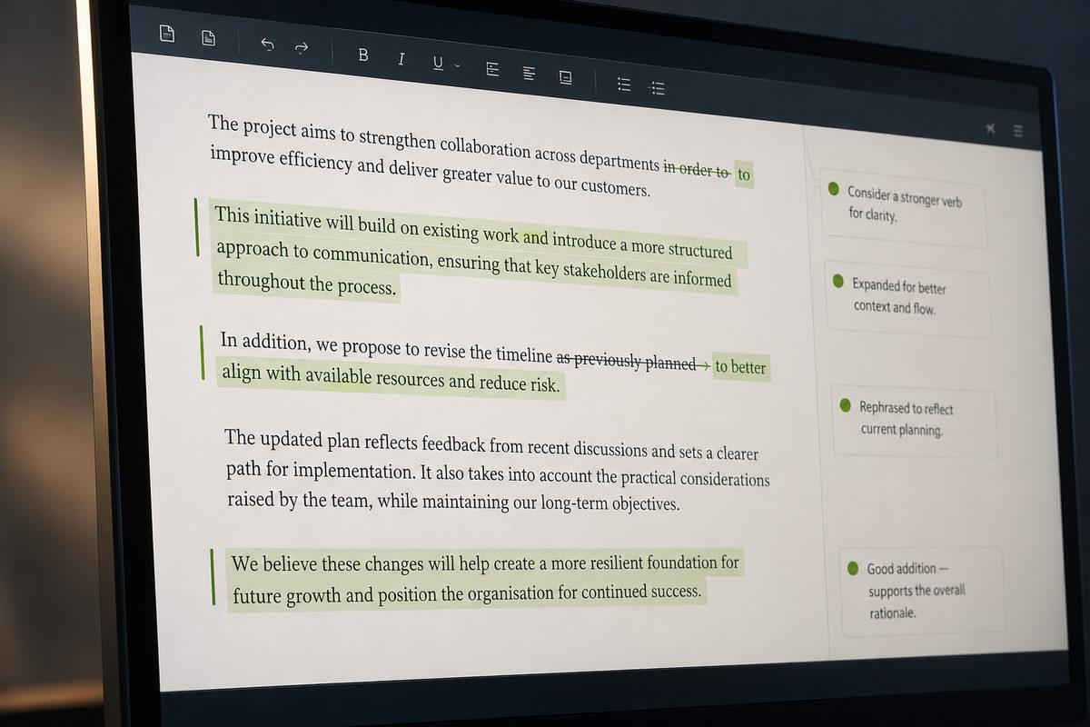 Illustrative document revision view with changes and margin annotations.